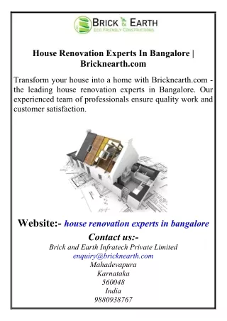 House Renovation Experts In Bangalore  Bricknearth.com