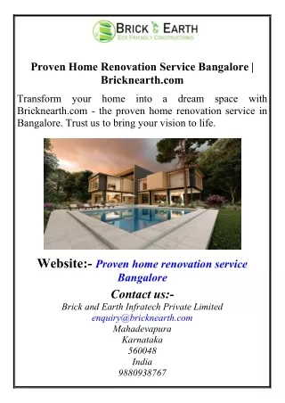 Proven Home Renovation Service Bangalore  Bricknearth.com