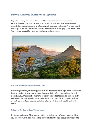 Discover Luxurious Experiences in Cape Town