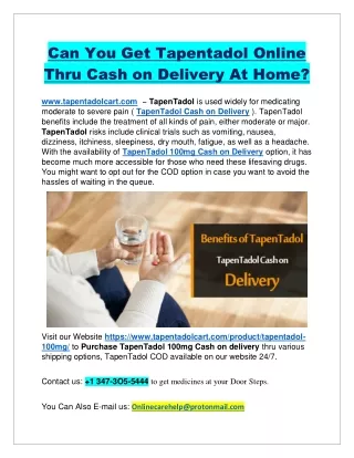 Can You Get Tapentadol Online Thru Cash on Delivery At Home