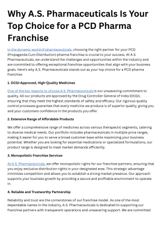 Why A.S. Pharmaceuticals Is Your Top Choice for a PCD Pharma Franchise