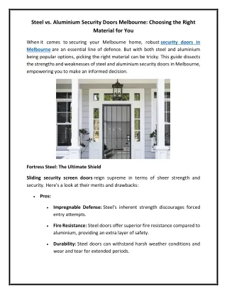 Steel vs. Aluminium Security Doors Melbourne Choosing the Right Material for You