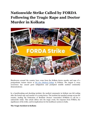 Nationwide Strike Called by FORDA Following the Tragic Rape and Doctor Murder in Kolkata