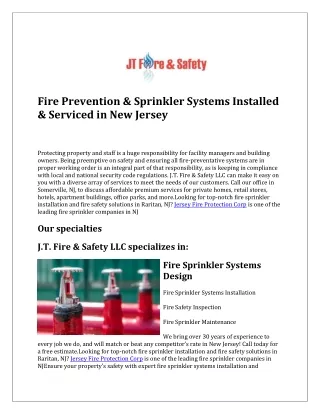 Sprinkler Systems Installation In New Jersey | Jtfiresafety.com