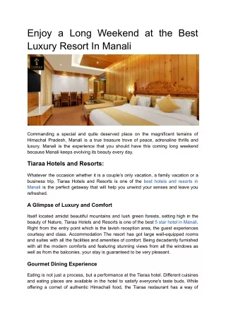 Enjoy a Long Weekend at the Best Luxury Resort In Manali