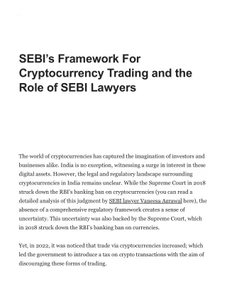 SEBI’s Framework For Cryptocurrency Trading and the Role of SEBI Lawyers