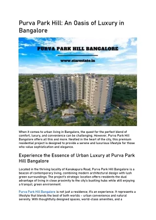 Purva Park Hill | Apartments For Sale in Bangalore