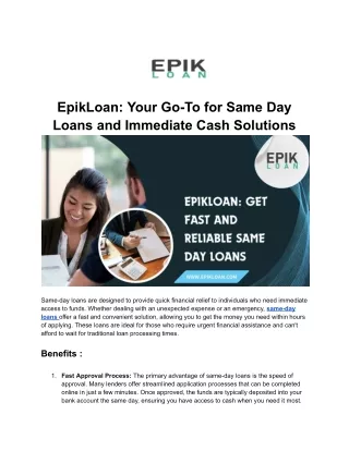 EpikLoan: Get Same Day Loans with No Delay