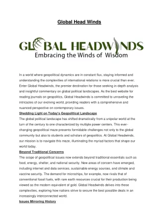Global Headwinds- embracing the windows of wisdom