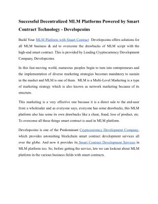 Smart Contract MLM Software Decentralized MLM Platform - Developcoins
