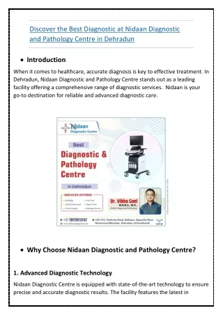 Discover the Best Diagnostic at Nidaan Diagnostic and Pathology Centre