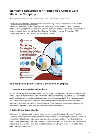 Marketing Strategies for Promoting a Critical Care Medicine Company