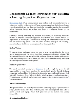 Leadership Legacy_ Strategies for Building a Lasting Impact on Organization