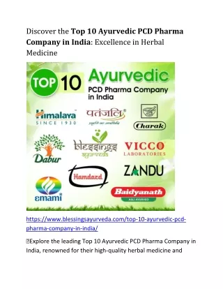 Discover the Top 10 Ayurvedic PCD Pharma Company in India: Excellence in Herbal