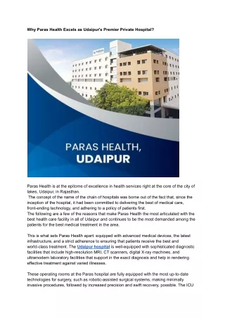 Why Paras Health Excels as Udaipur's Premier Private Hospital