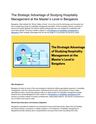 The Strategic Advantage of Studying Hospitality Management at the Master’s Level in Bangalore