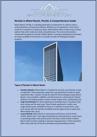 Rentals in Miami Beach, Florida: A Comprehensive Guide