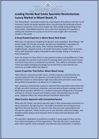 Leading Florida Real Estate Specialist Revolutionizes Luxury Market in Miami Bea