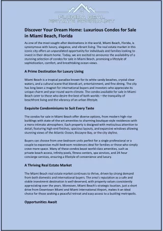Discover Your Dream Home: Luxurious Condos for Sale in Miami Beach, Florida