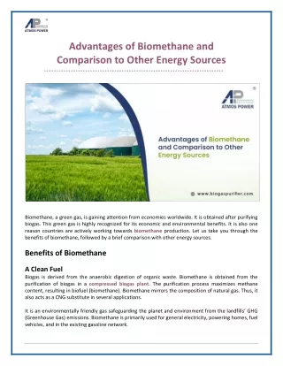 Advantages of Biomethane and Comparison to Other Energy Sources