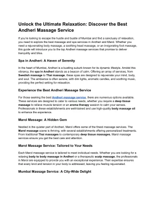 Unlock the Ultimate Relaxation: Discover the Best Andheri Massage Services