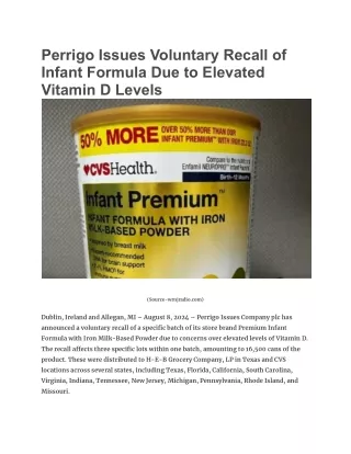 Perrigo Issues Voluntary Recall of Infant Formula Due to Elevated Vitamin D Levels
