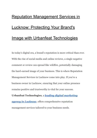 Reputation Management Services in Lucknow_ Protecting Your Brand's Image with Urbanfeat Technologies