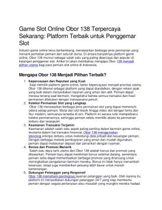 Game Slot Online Obor 138 Terpercaya Sekarang