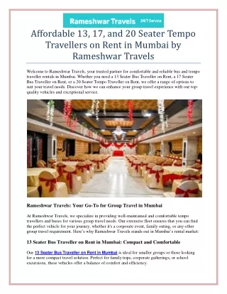 13, 17, and 20 Seater Tempo Travellers on Rent
