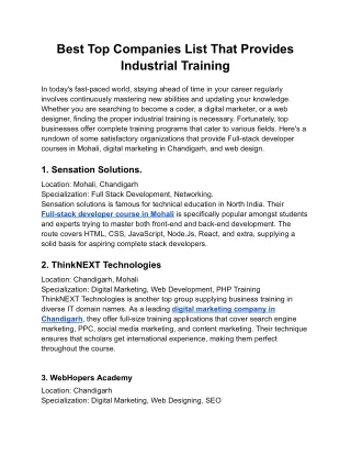 Best Top Companies List That Provide Industrial Training