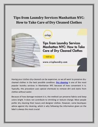 Tips from Laundry Services Manhattan NYC: How to Take Care of Dry Cleaned Clothe