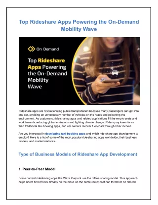 Top Rideshare Apps Powering the On-Demand Mobility Wave