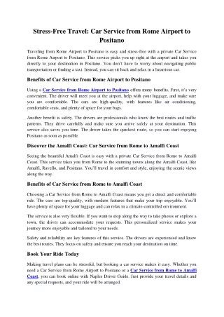 Stress-Free Travel Car Service from Rome Airport to Positano