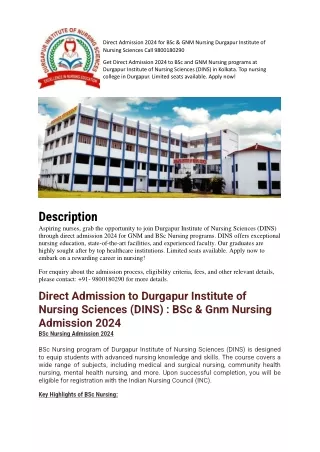 Direct Admission 2024 for BSc & GNM Nursing Durgapur Institute of Nursing Sciences Call 9800180290