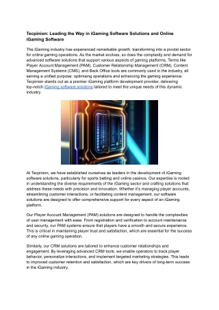 Tecpinion Leading the Way in iGaming Software Solutions and Online iGaming Software
