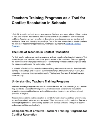 Teachers Training Programs as a Tool for Conflict Resolution in Schools