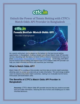 Power of Tennis Betting with CTFC's Match Odds API in Bangladesh