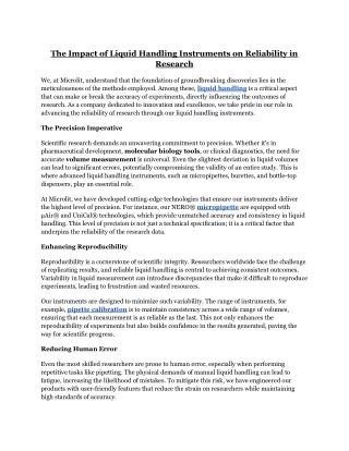 The Impact of Liquid Handling Instruments on Reliability in Research