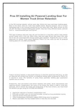 Pros Of Installing Air Powered Landing Gear For Women Truck Driver Retention