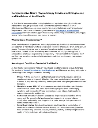 Comprehensive Neuro Physiotherapy Services in Sittingbourne and Maidstone at Xcel Health