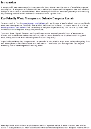 Eco-Friendly Waste Management: Orlando Dumpster Rentals