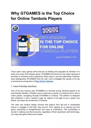 Why GTGAMES is the Top Choice for Online Tambola Players