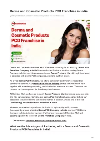 Derma and Cosmetic Products PCD Franchise in India