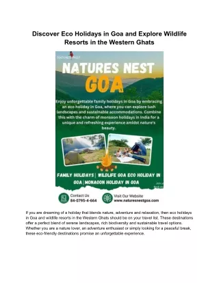 Discover Eco Holidays in Goa and Explore Wildlife Resorts in the Western Ghats