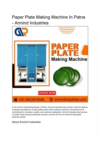 Paper Plate Making Machine in Patna - Armind Industries