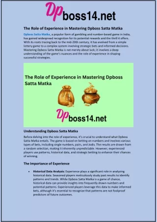 The Role of Experience in Mastering Dpboss Satta Matka