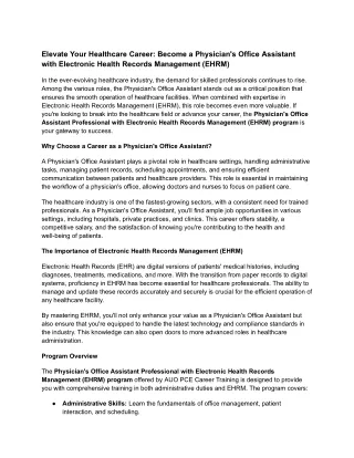 Elevate Your Healthcare Career- Become a Physician's Office Assistant with Electronic Health Records Management (EHRM)
