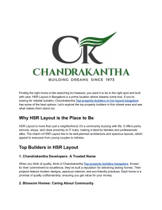 Top property builders in hsr layout bangalore