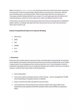 Most Popular Tooling Materials in Injection Moulding and Their Typical Tool Life