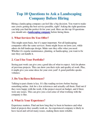 Top 10 Questions to Ask a Landscaping Company Before Hiring